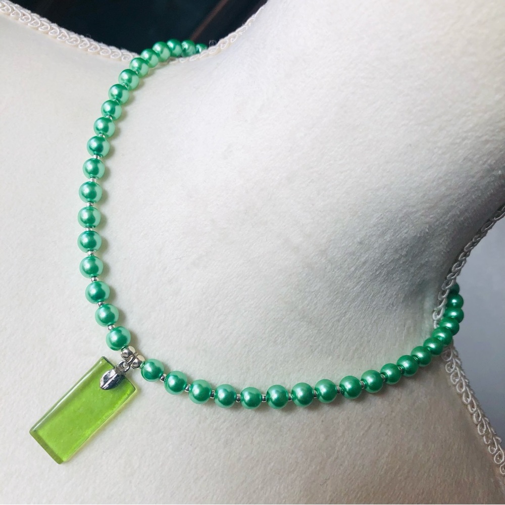 Handcrafted repurpose green glass pendant Czech glass Pearl necklace